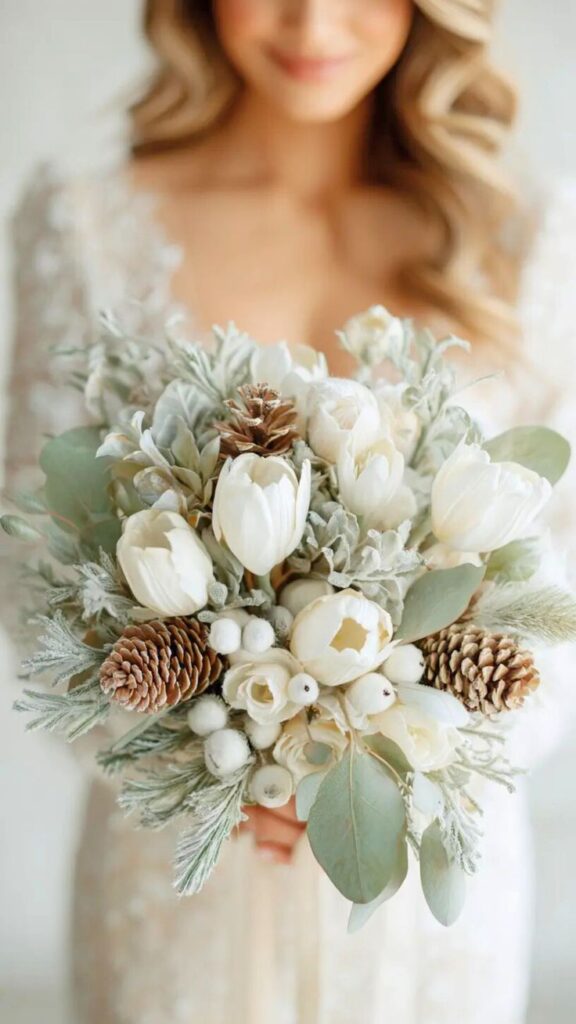 Bride holding elegant winter bouquet with white tulips, greenery, and pinecones, ideal for a winter wedding theme.