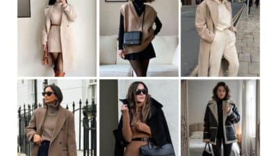 Fashion collage featuring chic neutral-tone outfits with coats, sweaters, and accessories for trendy fall and winter styles.