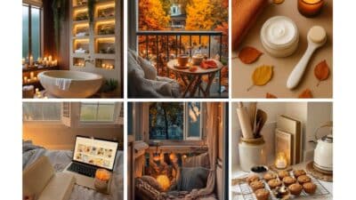 Cozy autumn home vibes with warm bath, fall balcony view, skincare, reading nook, baking muffins, and candlelit ambiance.