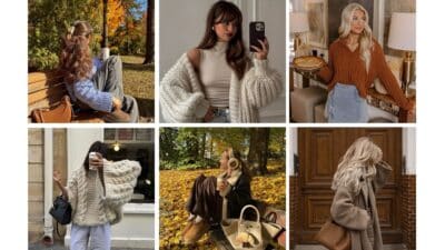 Collage of stylish fall outfits featuring cozy knit sweaters, casual denim, and autumn accessories in warm seasonal colors.