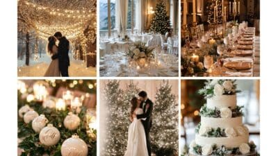 Winter wedding collage: couple dancing under lights, elegant table settings, festive decor, cake, romance among sparkling trees.