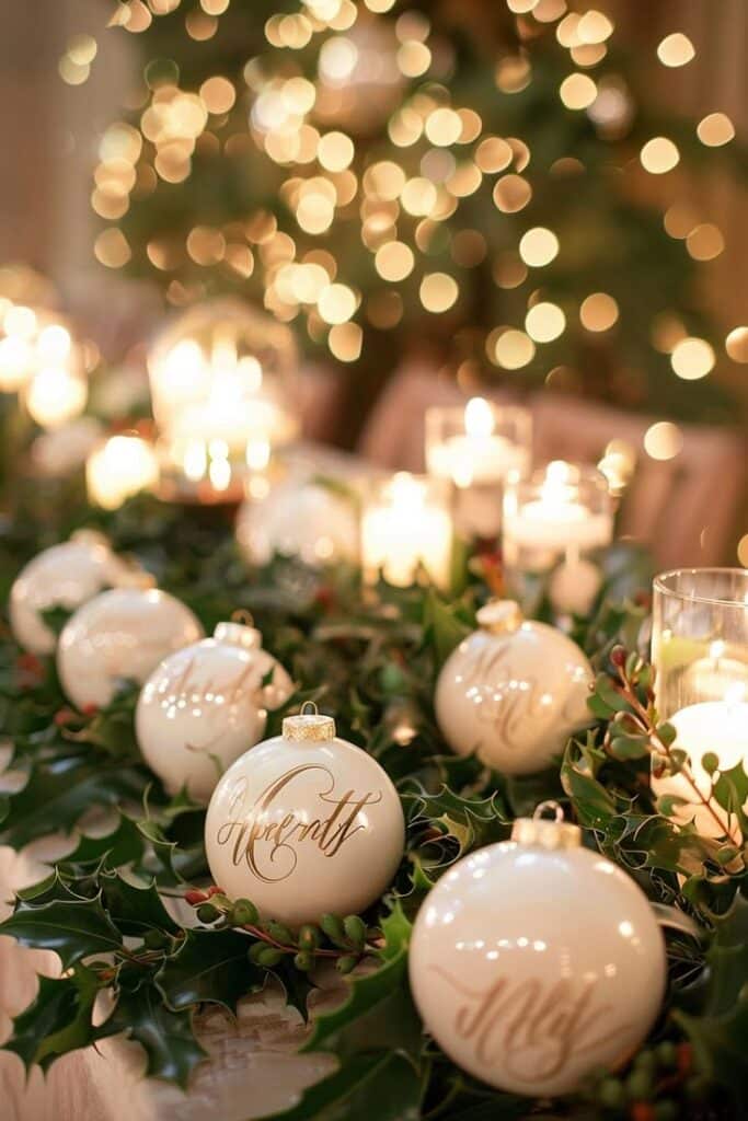 Festive Christmas table setting with elegant ornaments, candles, and greenery, creating a warm, inviting holiday ambiance.
