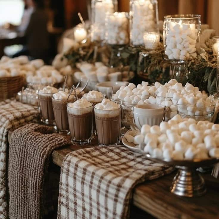Hot chocolate bar with whipped cream and marshmallows on plaid and knitted blankets for cozy winter gatherings.