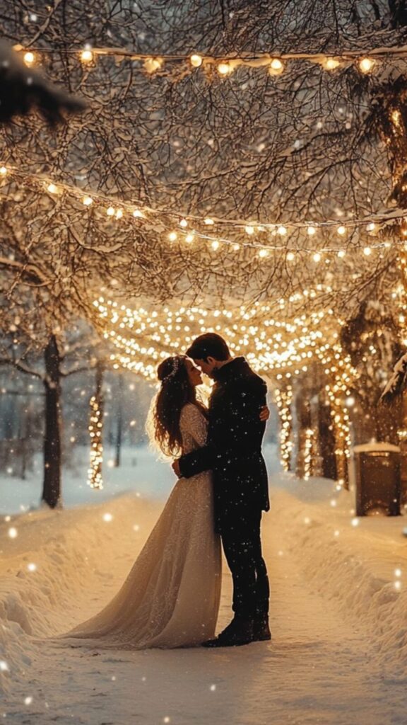 Romantic couple kissing under twinkling lights in a magical snowy winter wonderland, capturing love's essence amidst nature.