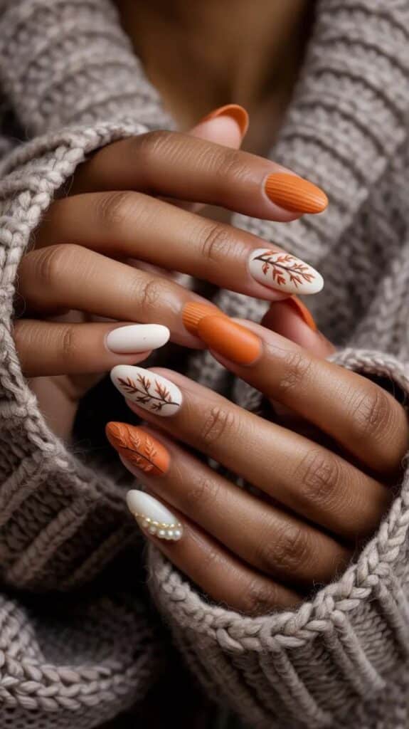 Autumn-themed nail art with orange and white designs, featuring leaf patterns and pearls, cozy in a knitted sweater.