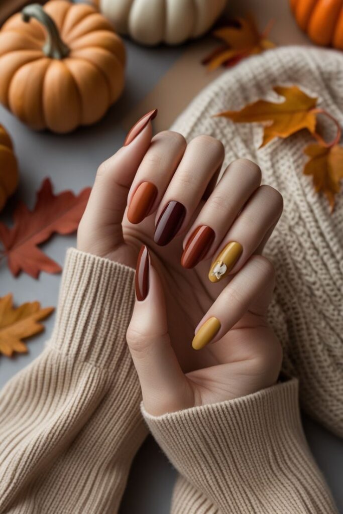 Fall-themed manicure with warm orange, brown, and mustard nails, surrounded by pumpkins and autumn leaves for a cozy vibe.