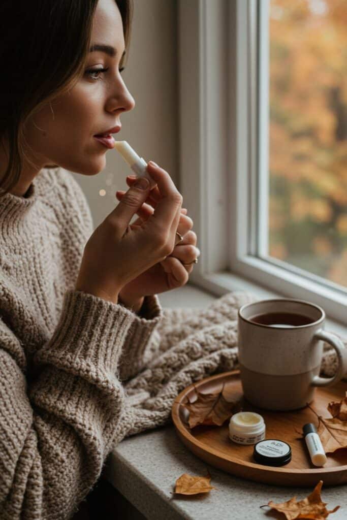Woman in cozy sweater applying lip balm by a window with tea and skincare products on a tray, enjoying a warm autumn day.