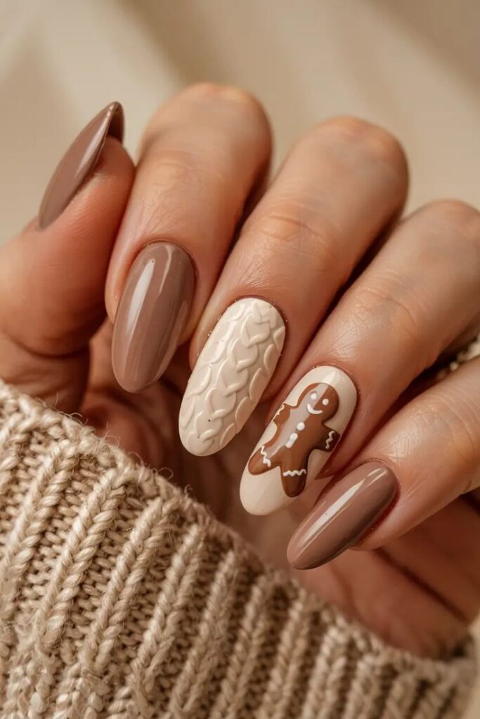 Festive nail art featuring brown and beige tones with a knitted pattern and gingerbread man design, perfect for winter style.