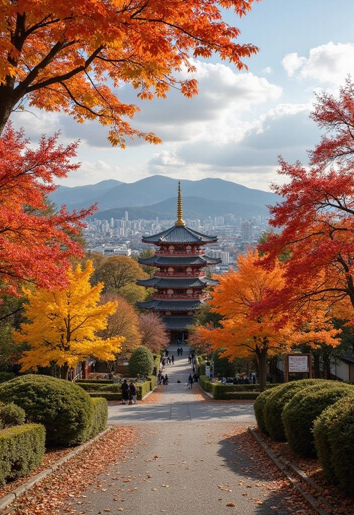 Pagoda amidst vibrant autumn trees with cityscape and mountains in the background, showcasing breathtaking seasonal beauty.