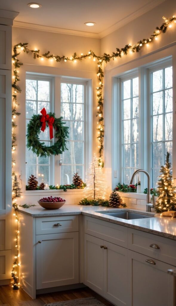 Cozy kitchen with festive Christmas decorations, pine garlands, and warm lights around white cabinets and countertops.