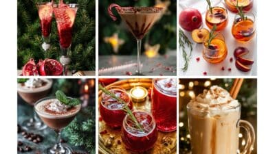 Holiday-themed cocktail collection with pomegranate, chocolate, and peach garnishes, perfect for festive celebrations.