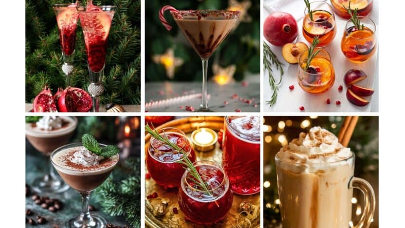 Holiday-themed cocktail collection with pomegranate, chocolate, and peach garnishes, perfect for festive celebrations.