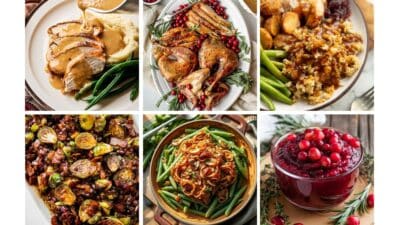 A delicious Thanksgiving feast with turkey, cranberry sauce, mashed potatoes, green beans, roasted Brussels sprouts, and stuffing.