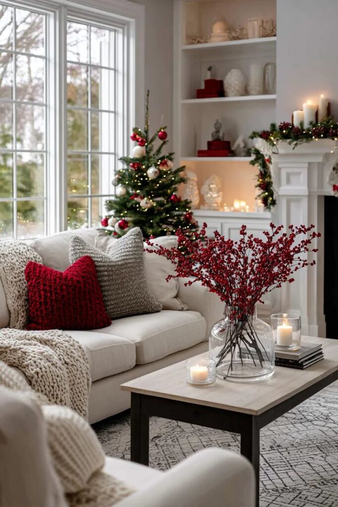 Cozy Christmas living room decor with candles, red and grey pillows, and a festive tree by the window.