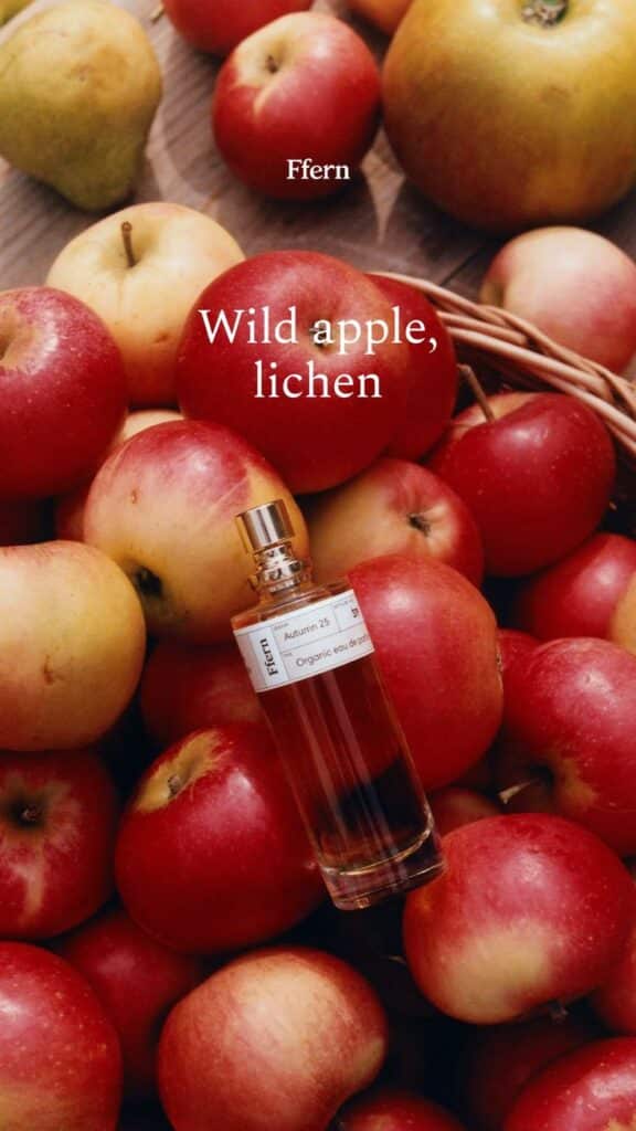 Bottle of Ffern organic eau de parfum among red apples, featuring notes of wild apple and lichen, autumn fragrance concept.