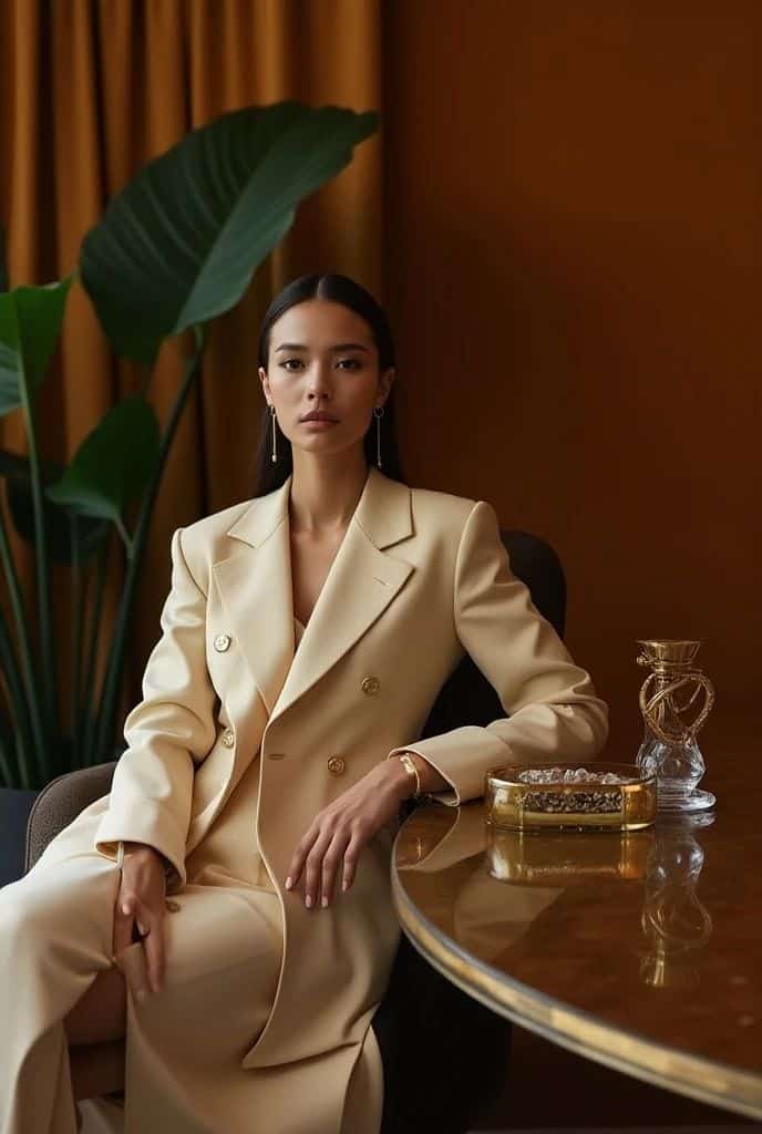 Elegant woman in a beige suit sits confidently by a table, lush green plant in background, creating a sophisticated ambiance.