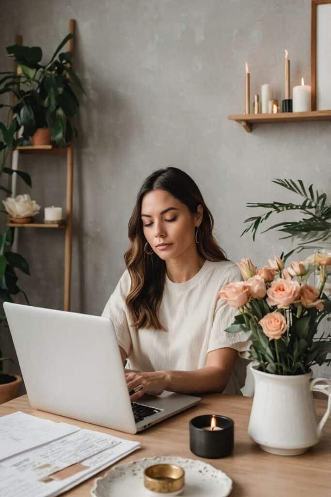 Woman working on a laptop at a cozy, plant-filled desk with candles and flowers.