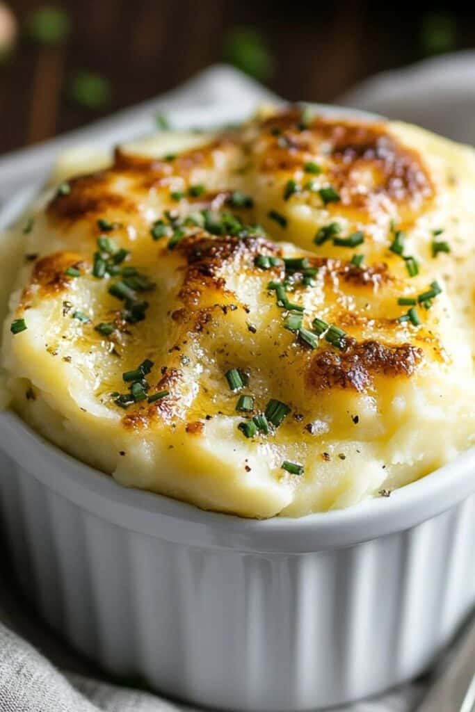 Golden mashed potato garnish with chives, served in a white ramekin. Perfect for a comforting, savory side dish.