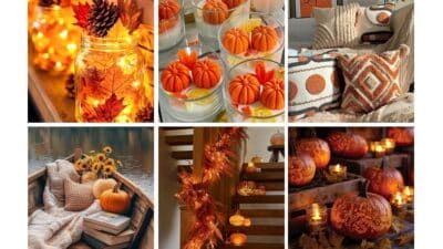 Cozy autumn decor featuring pumpkins, fairy lights, and orange tones, creating a warm fall atmosphere. Perfect for seasonal inspiration.