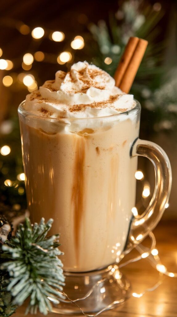Creamy latte topped with whipped cream, cinnamon, and a cinnamon stick, set against festive bokeh lights and pine sprigs.