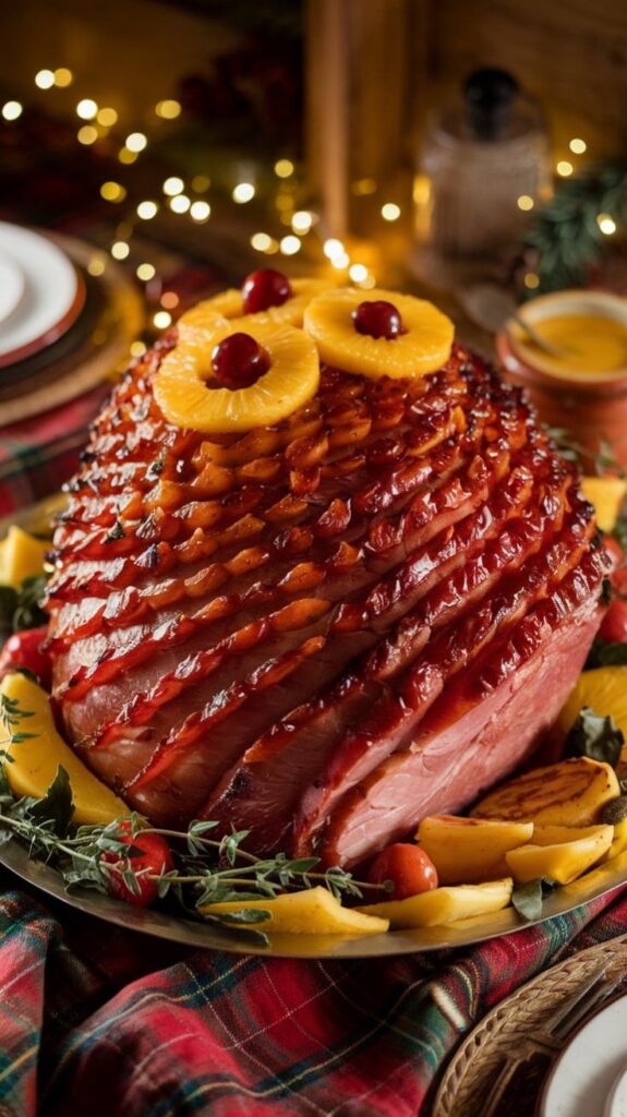 Glazed ham with pineapple and cherries on a festive plate, surrounded by holiday decor and warm lights. Perfect for Christmas dinner.