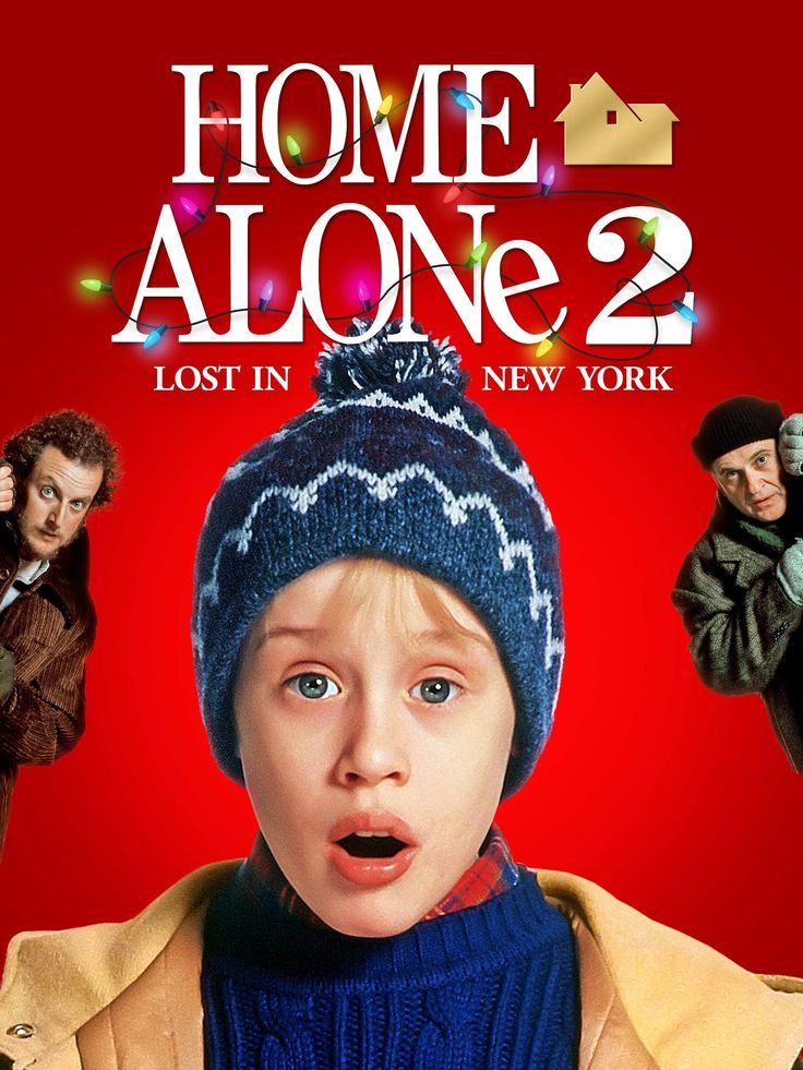 Young boy in winter attire looks surprised, flanked by two men. Home Alone 2: Lost in New York movie poster with festive lights.