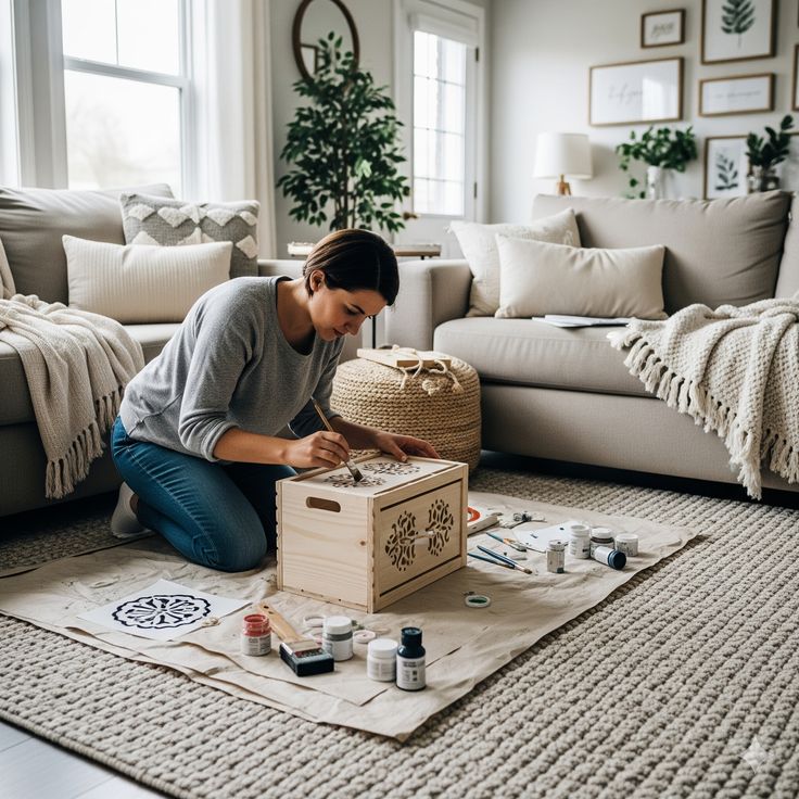 Woman painting a wooden box in cozy living room, surrounded by art supplies. Creative DIY home decor project.