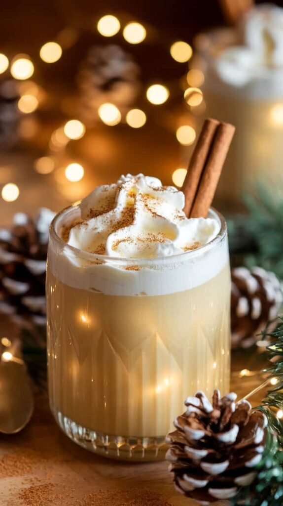 Creamy winter coffee topped with whipped cream and cinnamon sticks, surrounded by pinecones and festive lights. Cozy holiday drink.
