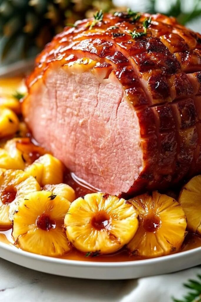 Glazed ham garnished with pineapple slices, perfect for a festive holiday meal. Juicy and flavorful presentation.