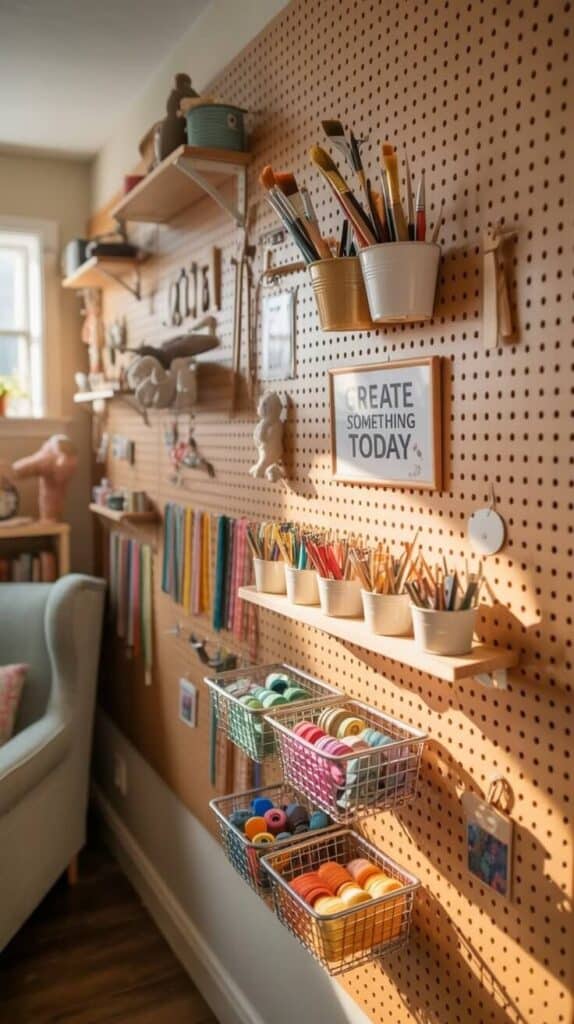 Craft workspace with organized supplies on pegboard, featuring art tools and Create Something Today sign for inspiration.