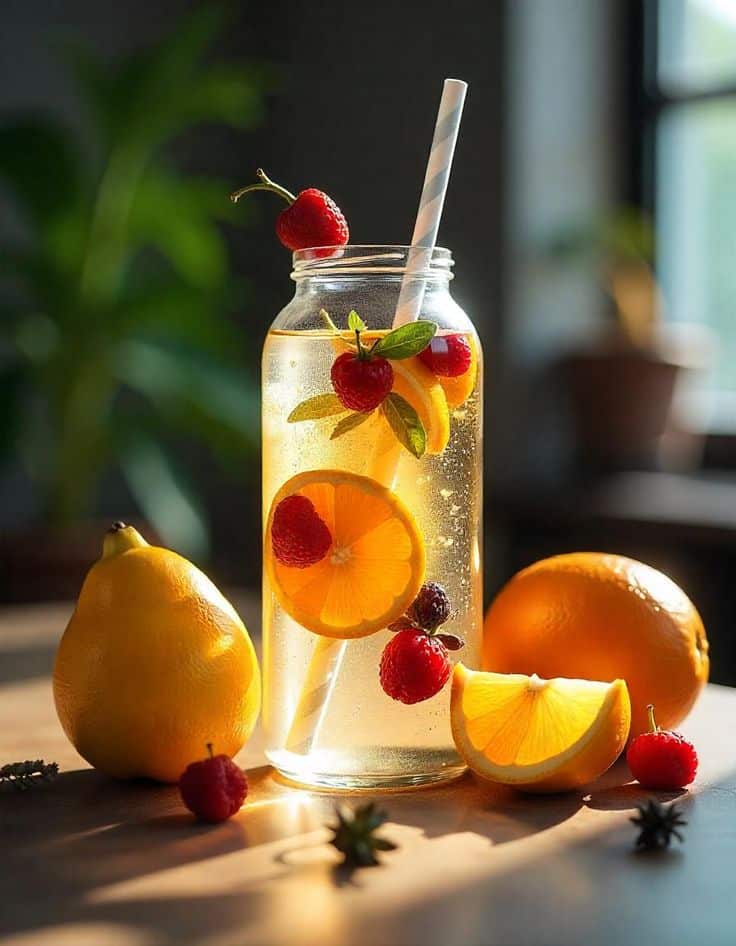 Refreshing citrus fruit infusion in a jar with lemon, orange slices, and raspberries. Bright sunlight highlights fresh ingredients.