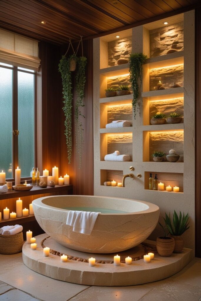 Luxurious spa bathroom with candles, stone bathtub, and ambient lighting for a serene, relaxing atmosphere.