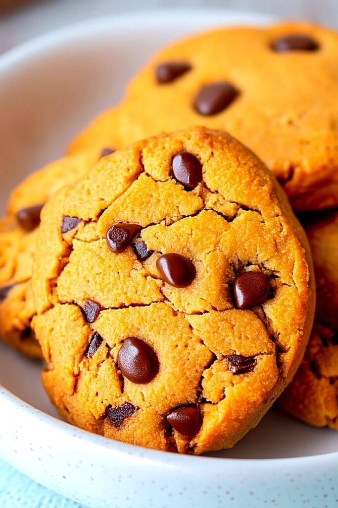 Close-up of freshly baked chocolate chip cookies in a white bowl, highlighting the crispy golden-brown texture and dark chocolate chips.