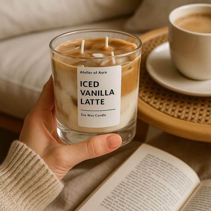 Hand holding an Iced Vanilla Latte candle in a cozy setting with a cup of coffee and an open book.
