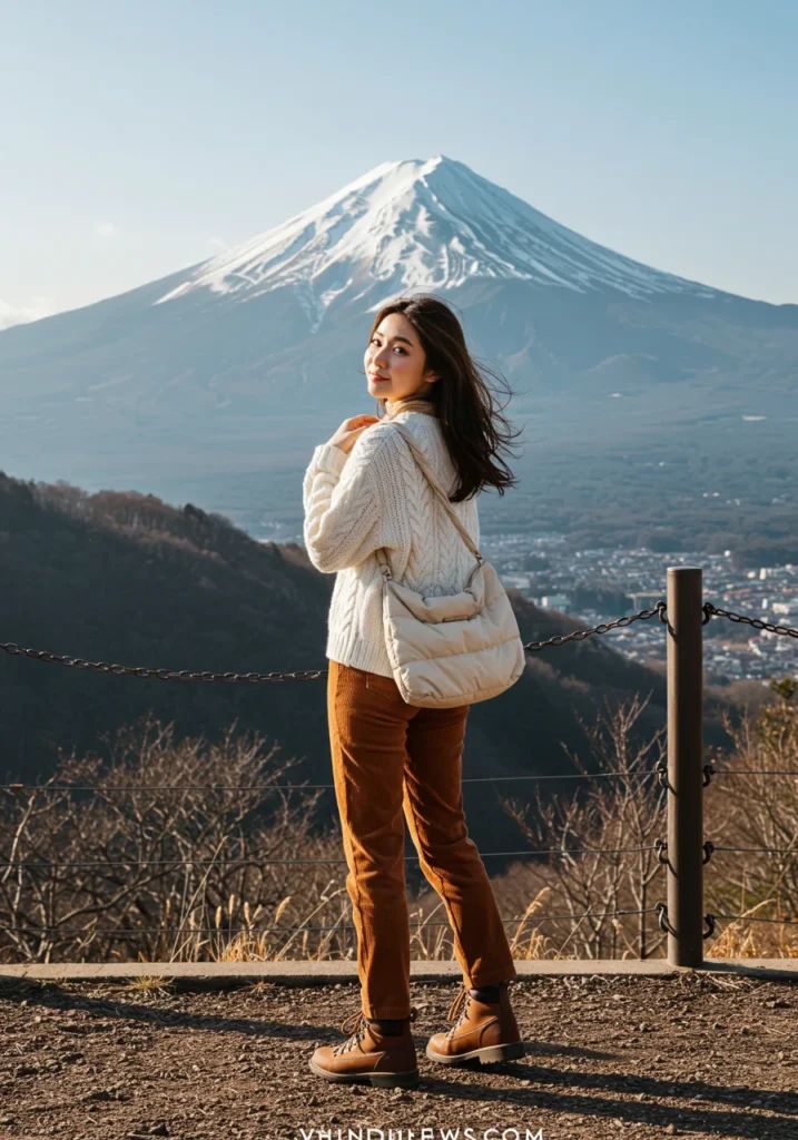 Woman enjoying a scenic view of snow-capped Mount Fuji on a clear day, wearing a cozy sweater and boots.