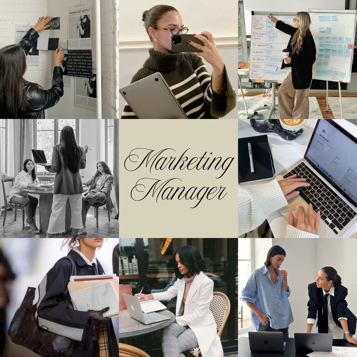 Collage showcasing a marketing manager's daily tasks: meetings, presentations, and digital work on laptops. Text: Marketing Manager.