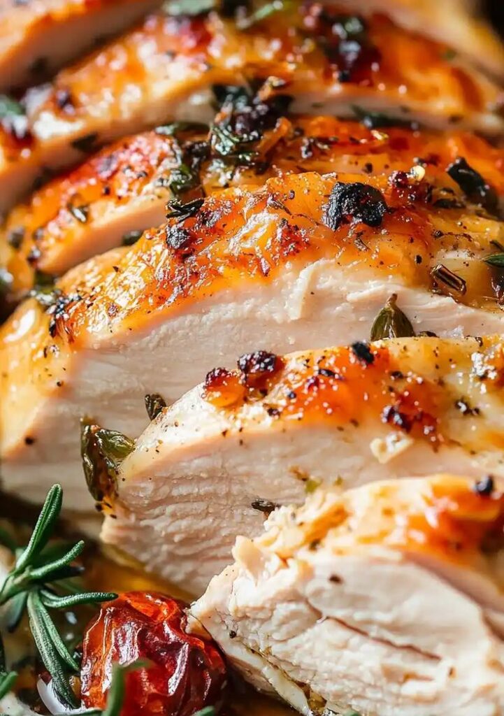 Delicious roasted chicken breast with herbs and spices, served with cherry tomatoes and rosemary for a flavorful meal.