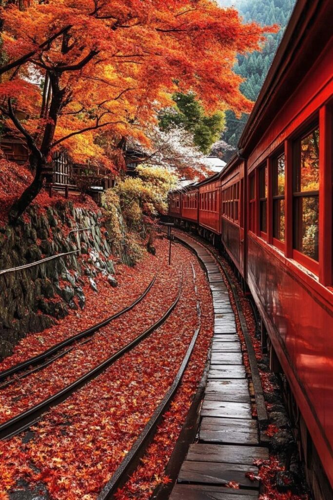 Red train on scenic autumn railway, surrounded by vibrant orange leaves and lush landscape. Perfect fall travel destination.