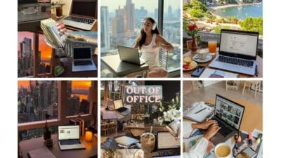 Digital nomad lifestyle: laptops, cityscapes, and drinks, showcasing remote work from scenic locations around the world.