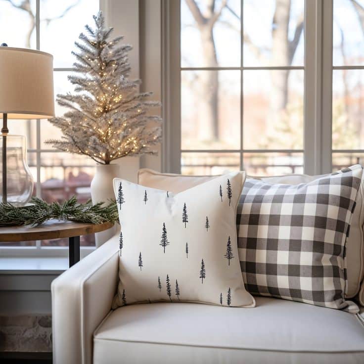 Cozy living room with holiday decor, tree-patterned pillows, and a lit mini Christmas tree by a window.