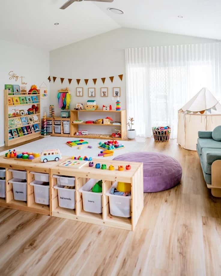 Bright playroom with toys, bookshelves, and cozy seating. Ideal for kids' activities and learning in a vibrant, organized space.