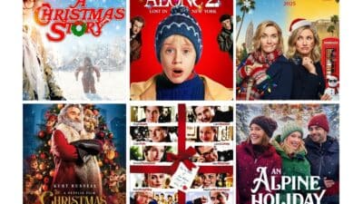 Collage of Christmas movie posters, featuring snowy scenes, festive decorations, and holiday characters.