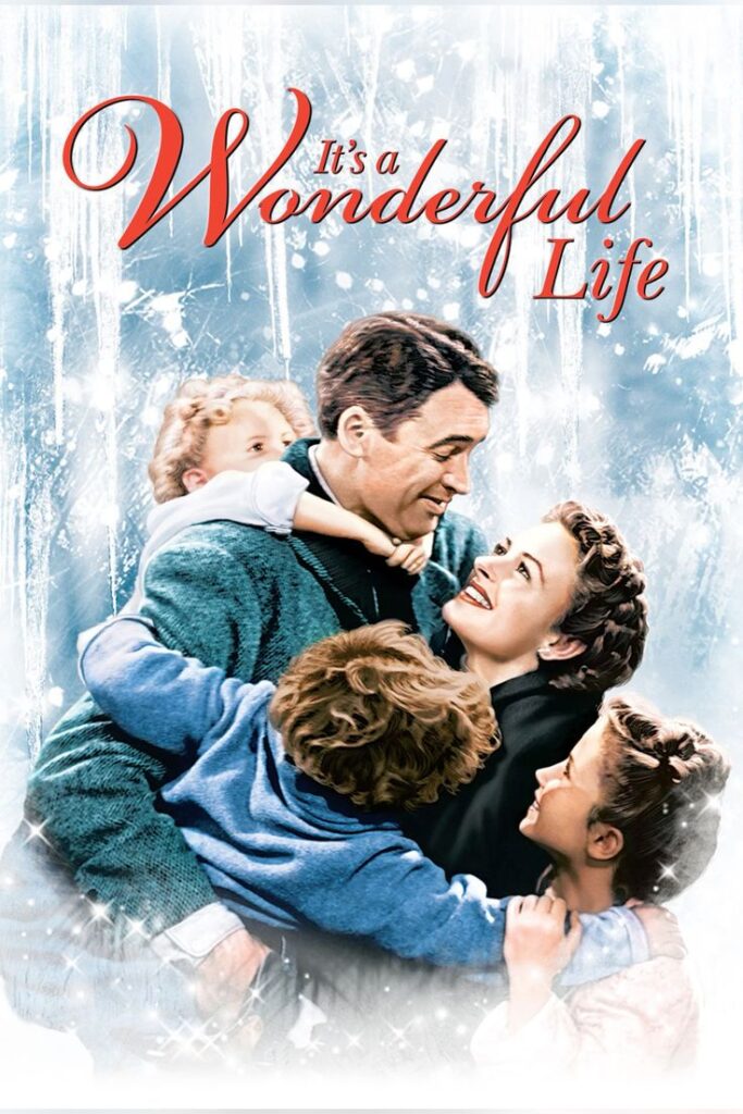 Happy family embracing in winter scene from It's a Wonderful Life movie poster, conveying warmth and joy.
