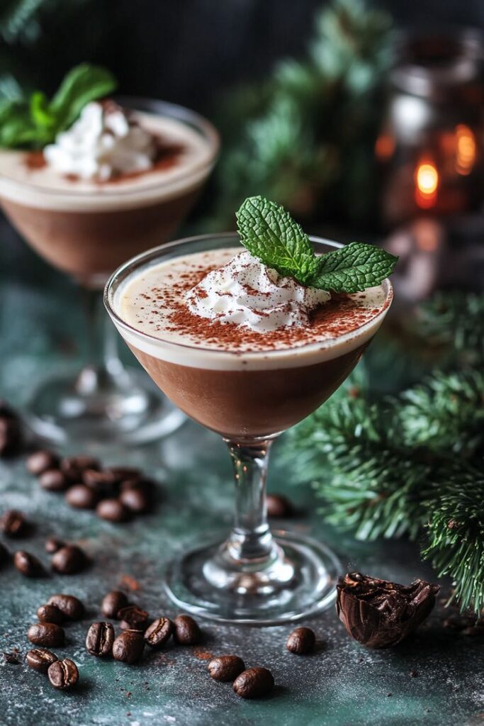 Chilled chocolate cocktails with whipped cream, mint garnish, and coffee beans, perfect for a festive holiday celebration.
