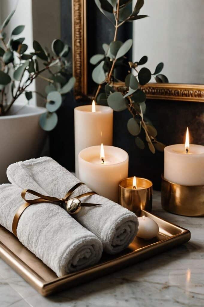Elegant spa setting with lit candles, eucalyptus, and rolled towels on a tray for a tranquil ambiance in a luxurious bathroom.