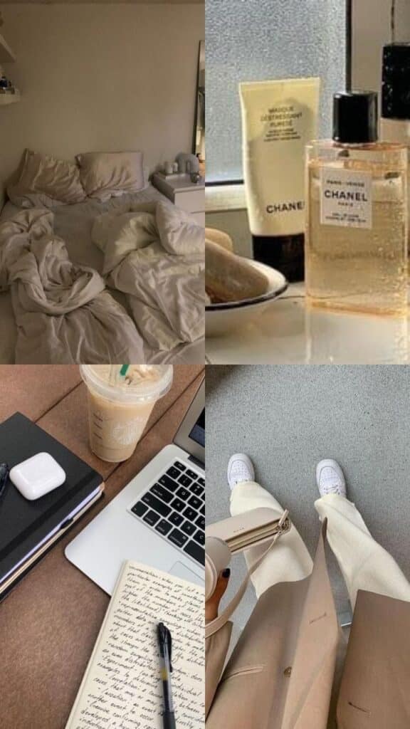 Cozy bedroom, morning routine essentials, workspace with coffee, and stylish outfit flat lay. Aesthetic lifestyle collage.