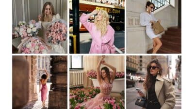 Collage of stylish women in fashion outfits with flowers, urban backgrounds, and elegant poses. Fashion lifestyle and beauty.