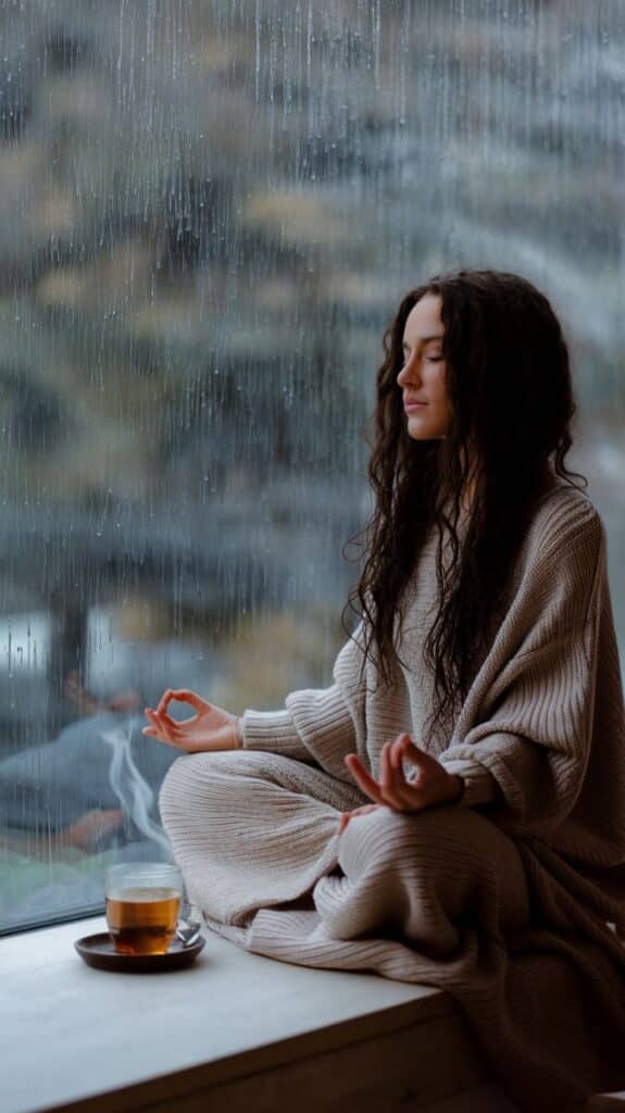 Woman meditating indoors by rainy window with a hot cup of tea. Peaceful and relaxed atmosphere for mindfulness and tranquility.