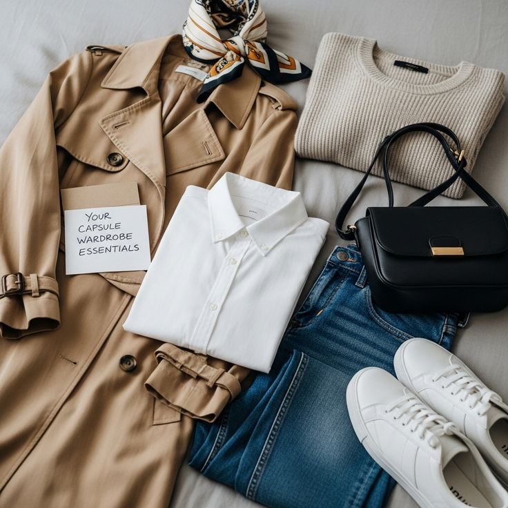 Capsule wardrobe essentials: beige trench coat, white shirt, jeans, sweater, sneakers, black bag, and scarf neatly arranged.