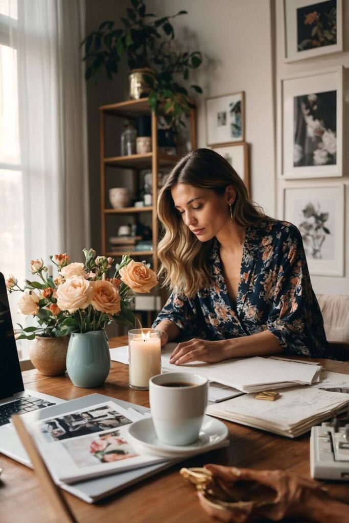 Woman writing at a cozy desk with flowers, candle, and coffee, reflecting a serene and inspiring work environment.